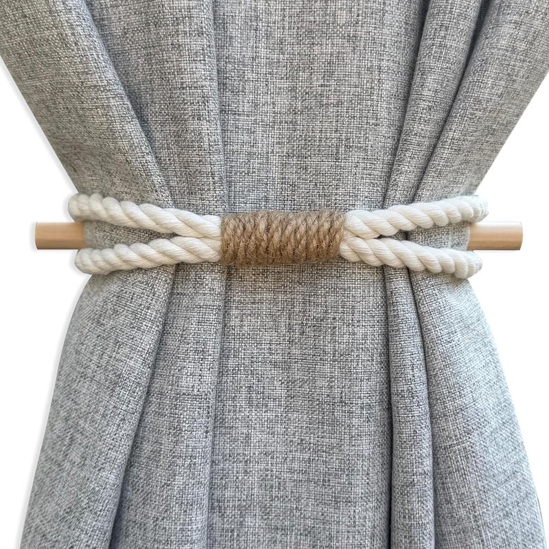 warmtone Curtain Holdbacks Boho Tiebacks for Drapes, Farmhouse Jute Rope Cotton Tie Backs with Rustic Wood Club, Curtain Accessories Holders for Indoor Outdoor Use, Set of 4 - Image 1